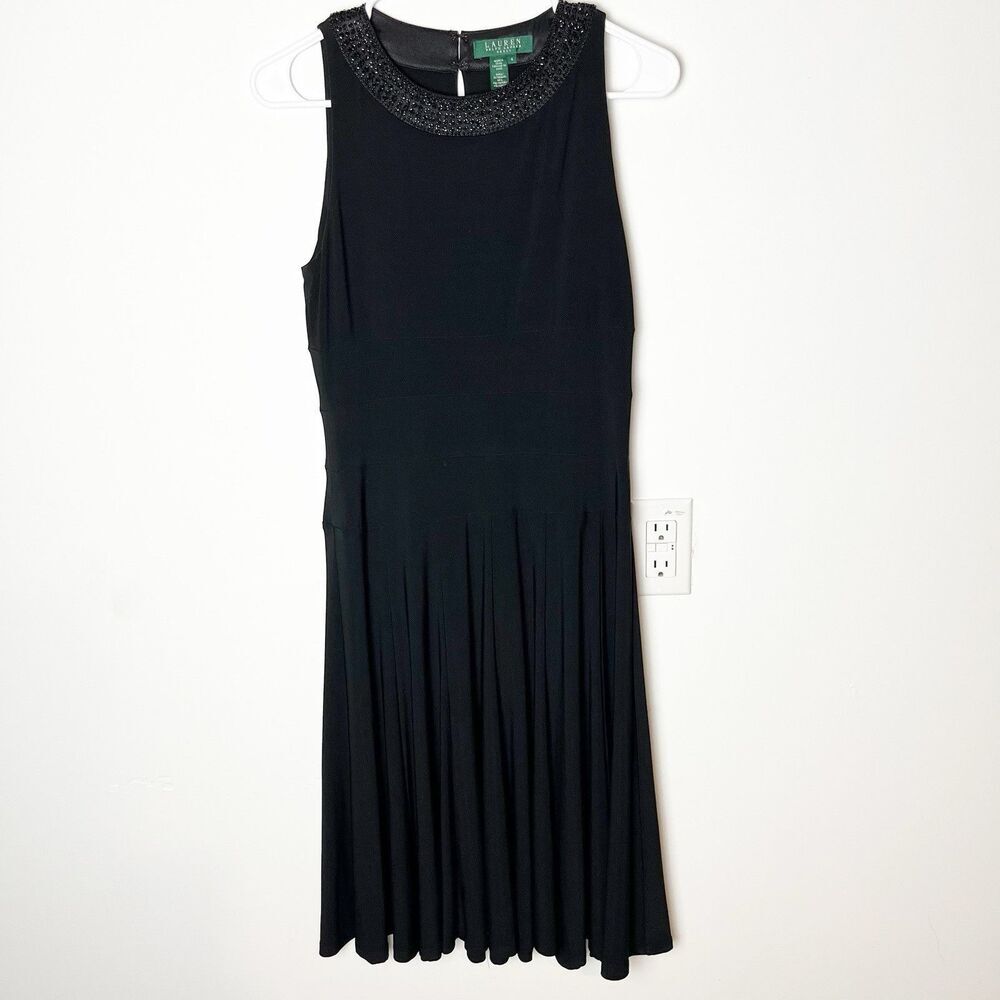 LAUREN RALPH LAUREN Black Jewel Neck Sleeveless Pleated Midi Dress Size 4